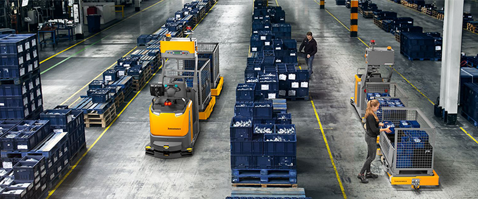 Automated forklifts in use at a warehouse
