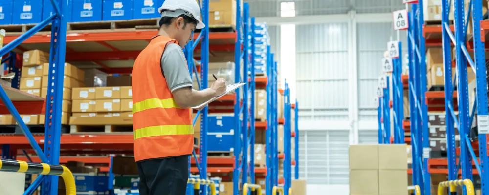 Warehouse worker in an orange vest inspecting inventory on shelves within a large storage facility.