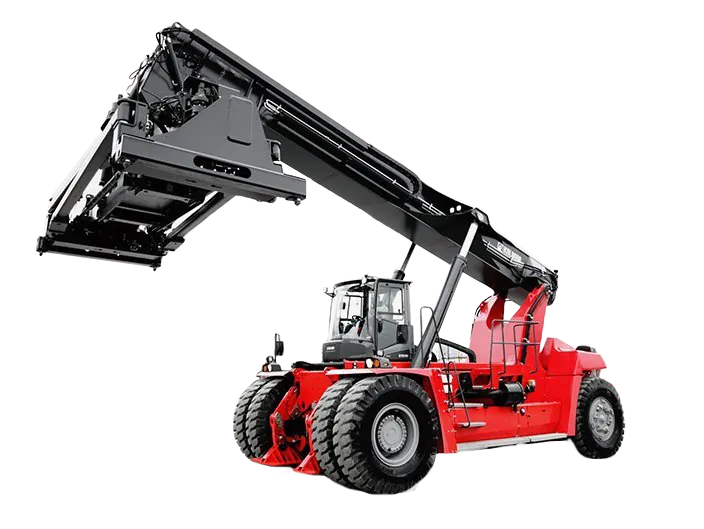Red Kalmar reach stacker with an extended container-handling boom.