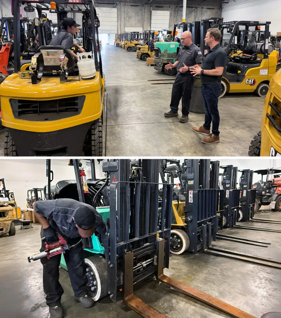 G&W Equipment technicians inspecting and servicing forklifts in a warehouse.