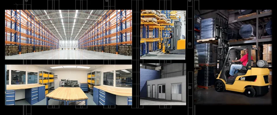 Large Warehouse on the left and forklift on the right