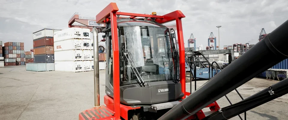 A Kalmar forklift efficiently moves materials on a port.